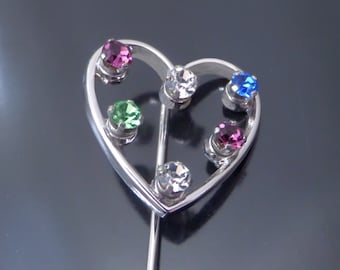 ANSON Vintage Sterling HEART Stickpin - Multi-color Rhinestone PIN - Hallmarked 925 Stick Pin - Valentine Gift For Her