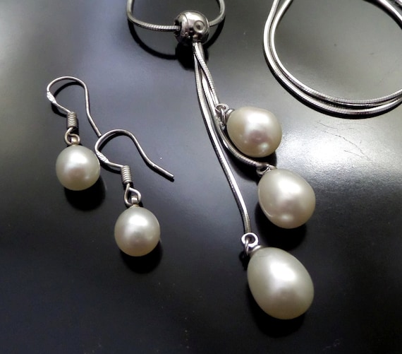 Vintage Sterling PEARL Necklace Earrings - Natura… - image 1