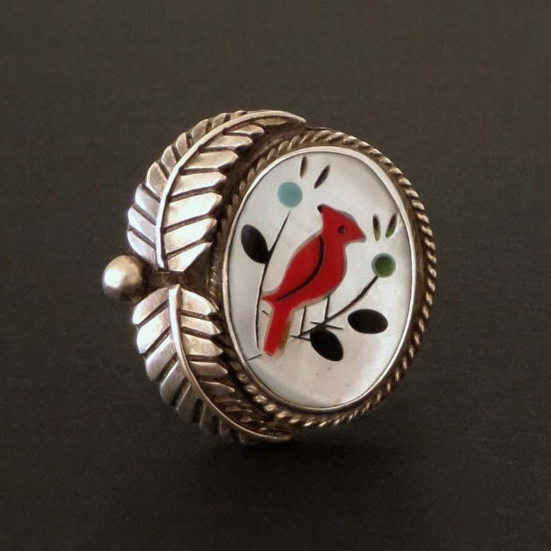 Vintage ZUNI Red CARDINAL Ring Native American STERLING Inlay image 0