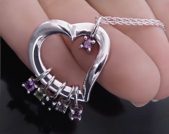 LENOX Vintage HEART Necklace Pendant, Amethyst Topaz Sapphire Charms, 20" Sterling Silver CHAIN, Mothers Day Gift