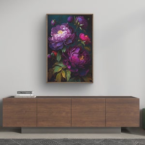 May include: A framed painting of a bouquet of purple and pink peonies on a dark background.