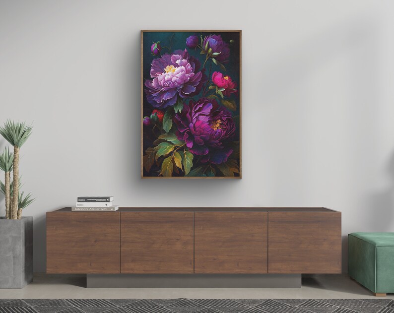 May include: A framed painting of a bouquet of purple and pink peonies on a dark background.