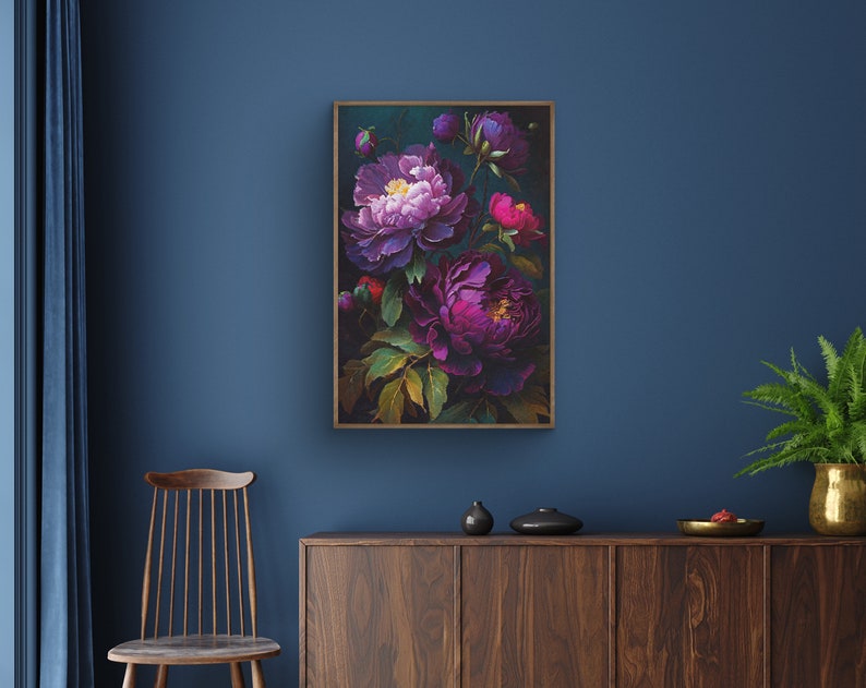 May include: A framed print of a floral still life featuring purple and pink peonies with green leaves on a dark background.