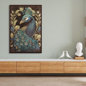 May include: A framed illustration of a peacock with a blue and green plumage, surrounded by gold leaf details. The peacock is depicted with its head turned to the side, showing its blue eyes and a crown of feathers.