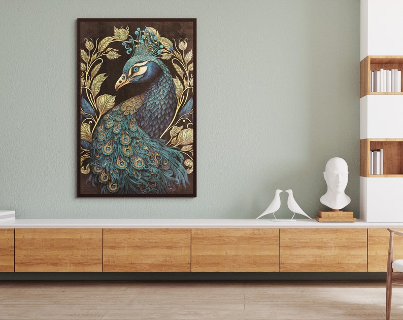 May include: A framed illustration of a peacock with a blue and green plumage, surrounded by gold leaf details. The peacock is depicted with its head turned to the side, showing its blue eyes and a crown of feathers.