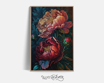 Impresión de arte mural floral oscuro en tonos joya imprimible, impresión de pintura de peonía, arte mural floral, decoración botánica oscura, descarga digital