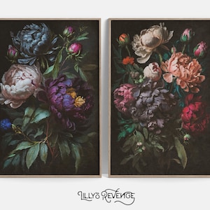 Flower Painting Jewel Tone Dark Floral Wall Art Prints Peony Painting Prints Flower Wall Art Dark Botanical Decor DIGITAL DOWNLOAD