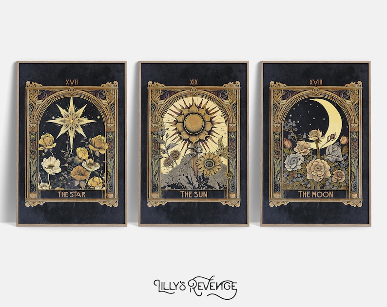 May include: Three tarot cards with gold frames and floral designs. The cards are titled "The Star", "The Sun", and "The Moon".