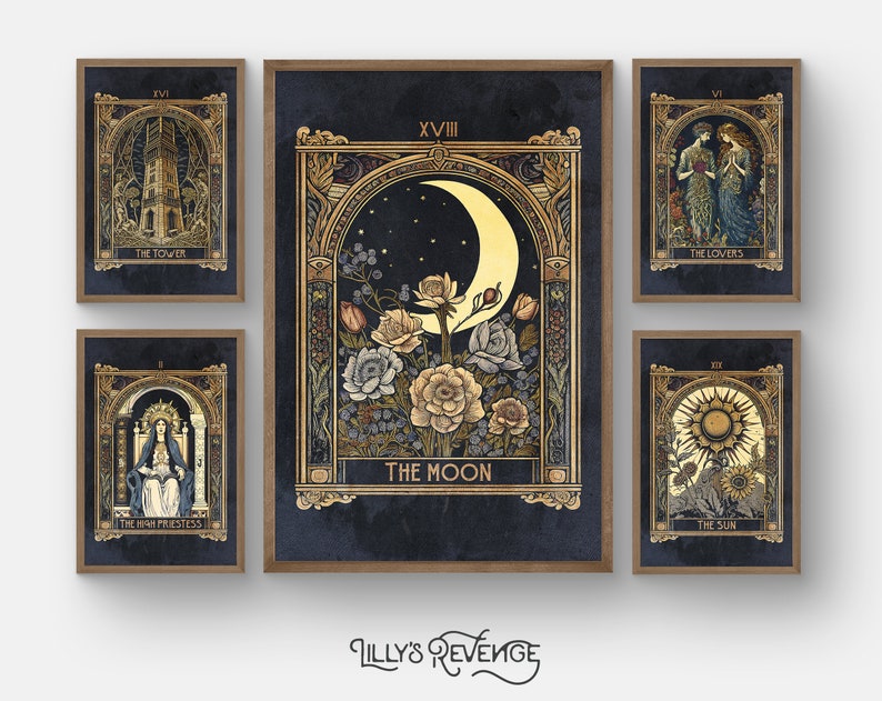 May include: Set of five tarot cards with gold frames and illustrations on a dark blue background. The cards depict The Tower, The High Priestess, The Moon, The Lovers, and The Sun.