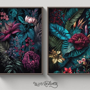 2er-Set Druckbare Juwelentöne Dunkle Blumen-Dschungel-Wand-Kunstdrucke, dunkle Blumen-Tapeten-Drucke, dunkles botanisches Dekor | DIGITALER DOWNLOAD