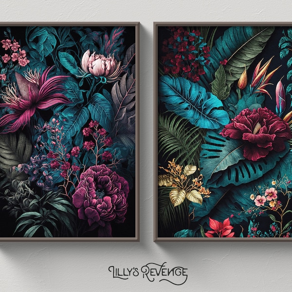 Set of 2 Printable Jewel Tone Dark Floral Jungle Wall Art Prints, Dark Floral Wallpaper Prints, Dark Botanical Decor | DIGITAL DOWNLOAD