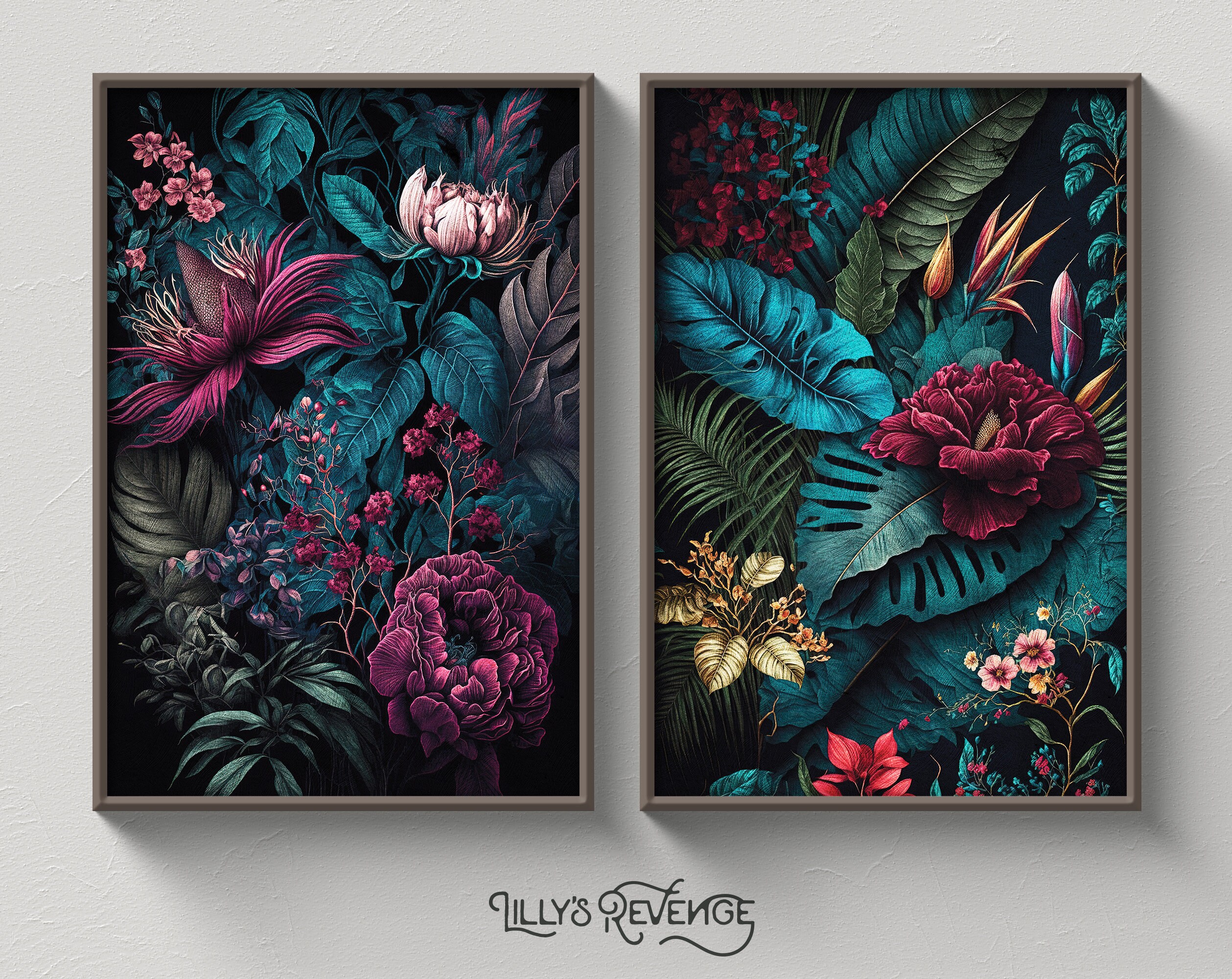 Set of 2 Printable Jewel Tone Dark Floral Jungle Wall Art