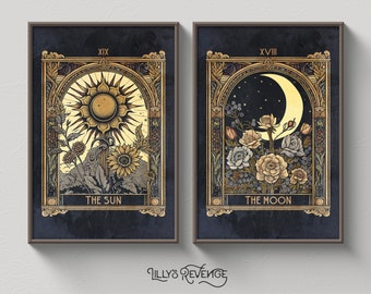 Set of 2 Printable Tarot Card Sun and Moon Art Prints, Mystical Wall Art, Tarot Home Decor, Witchy Printable Wall Art | DIGITAL DOWNLOAD