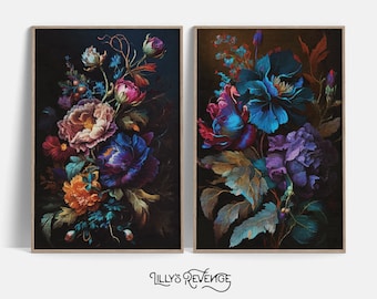 Conjunto de 2 impresiones de arte de pared en tonos joya para imprimir, estampados florales oscuros, arte de pared melancólico, arte de pared floral, decoración botánica oscura, DESCARGA DIGITAL