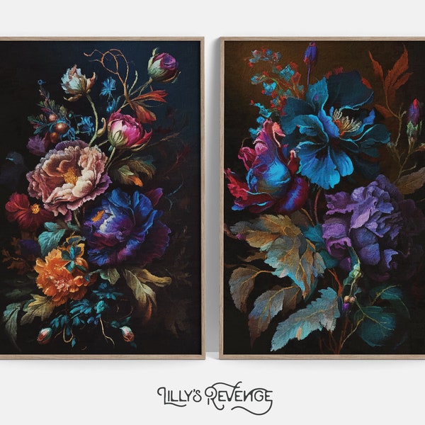 Set of 2 Printable Jewel Tone Wall Art Dark Floral Prints Moody Wall Art Floral Wall Art Dark Botanical Decor DIGITAL DOWNLOAD