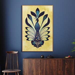 May include: A digital illustration of a peacock with blue and gold feathers on a yellow background.