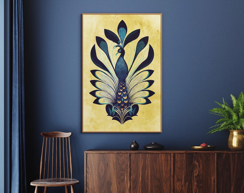 May include: A digital illustration of a peacock with blue and gold feathers on a yellow background.