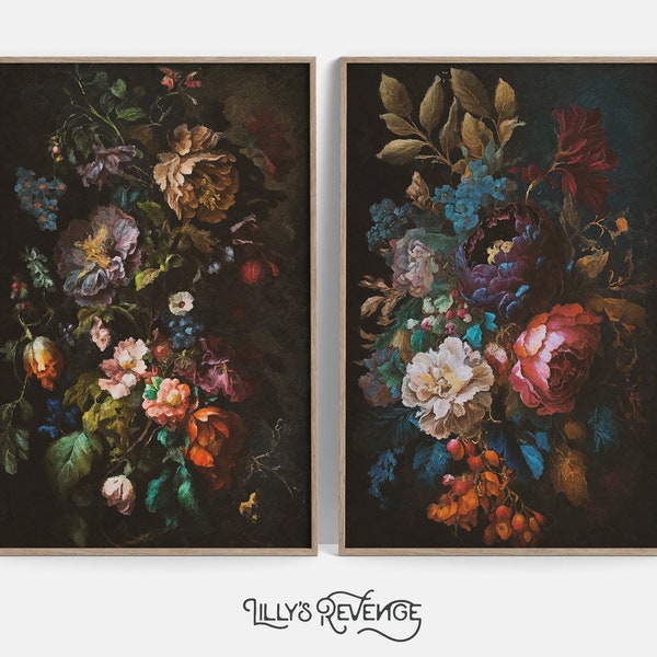 Set of 2 Printable Jewel Tone Dark Floral Wall Art Prints Peony Painting Prints Flower Wall Art Dark Botanical Decor DIGITAL DOWNLOAD