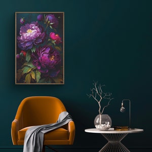 May include: A painting of a bouquet of purple and pink peonies with green leaves against a dark green background.