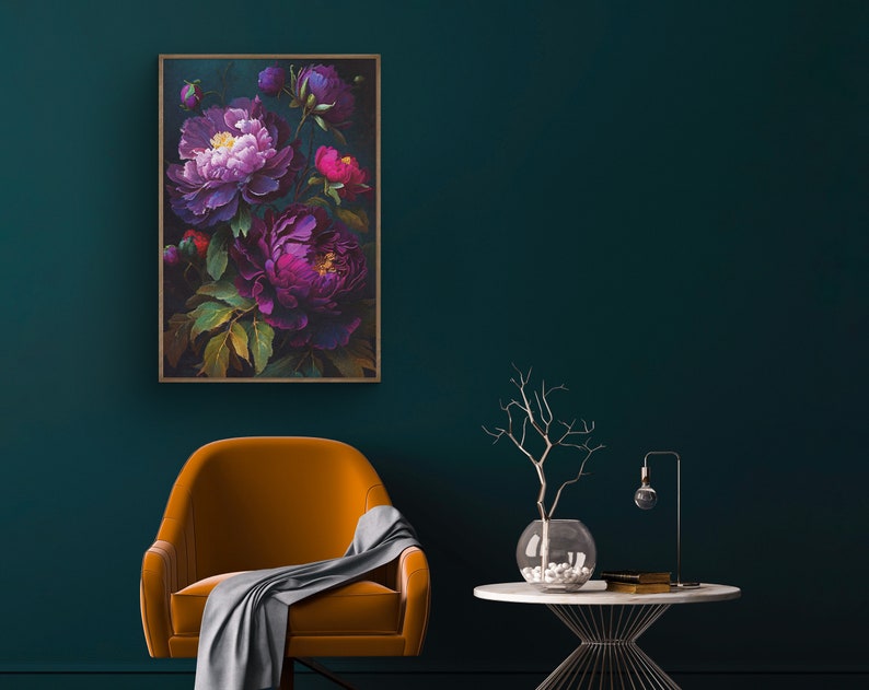 May include: A painting of a bouquet of purple and pink peonies with green leaves against a dark green background.