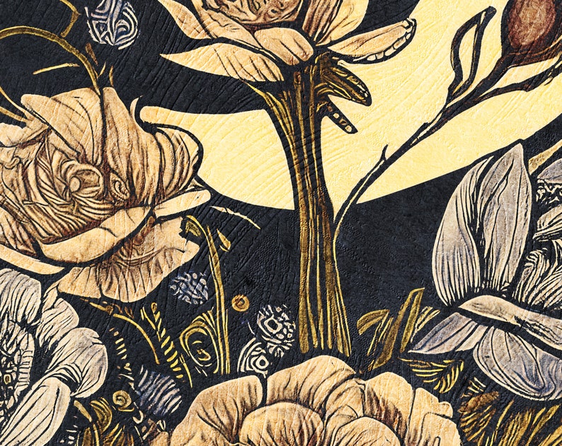 May include: A close-up of a woodblock print featuring stylized flowers in shades of brown, white, and blue. The flowers are arranged in a cluster, with their petals overlapping and creating a sense of depth. The background is a dark, textured surface.