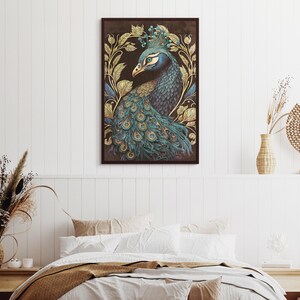 May include: A framed illustration of a peacock with blue and green feathers, set against a dark background with gold leaf accents.