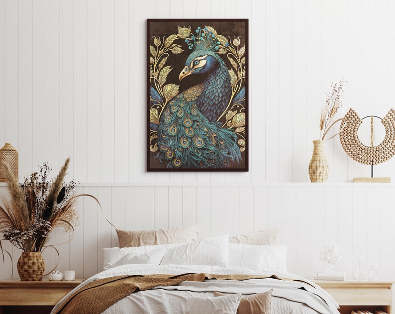 May include: A framed illustration of a peacock with blue and green feathers, set against a dark background with gold leaf accents.