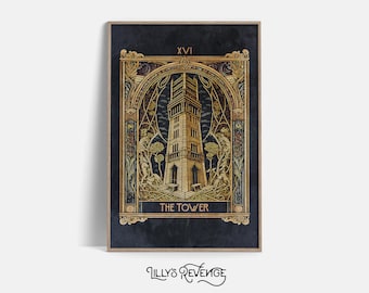 Könnte beinhalten: Eine Tarotkarte im Vintage-Stil mit einem goldenen und schwarzen Design. Die Karte zeigt einen Turm mit einem spitzen Dach und einem Fenster. Die Karte ist mit "XVI DER TURM" beschriftet.