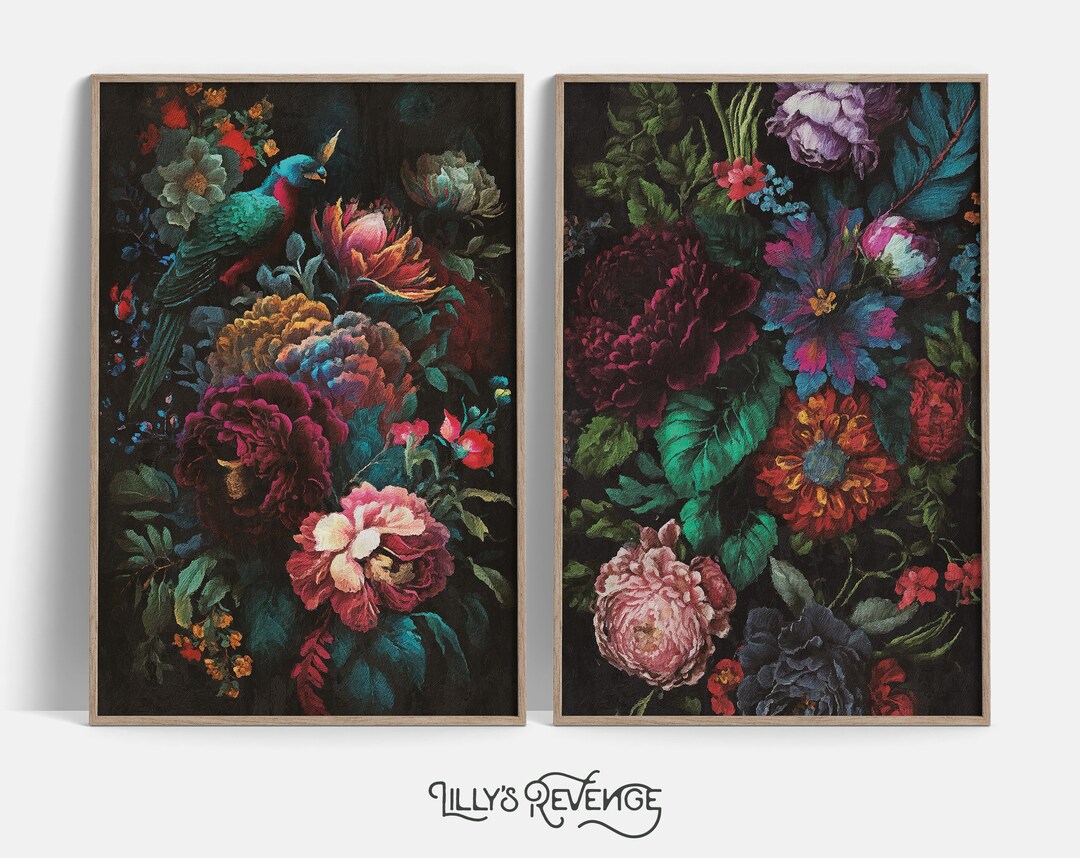 Set of 2 Printable Jewel Tone Wall Art Dark Floral Prints Moody Wall ...