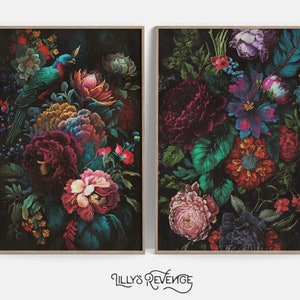 Conjunto de 2 impresiones de arte de pared en tonos joya para imprimir, estampados florales oscuros, arte de pared melancólico, arte de pared floral, decoración botánica oscura, DESCARGA DIGITAL