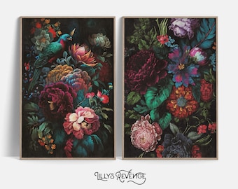 Conjunto de 2 impresiones de arte de pared en tonos joya para imprimir, estampados florales oscuros, arte de pared melancólico, arte de pared floral, decoración botánica oscura, DESCARGA DIGITAL