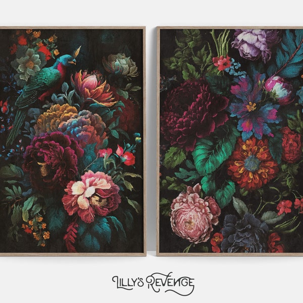 Set of 2 Printable Jewel Tone Wall Art Dark Floral Prints Moody Wall Art Floral Wall Art Dark Botanical Decor DIGITAL DOWNLOAD