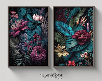 Set of 2 Printable Jewel Tone Dark Floral Jungle Wall Art Prints, Dark Floral Wallpaper Prints, Dark Botanical Decor | DIGITAL DOWNLOAD