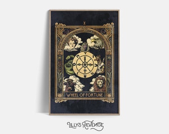 Könnte beinhalten: Gerahmter Tarotkarten-Druck mit dem Rad des Schicksals. Das Kunstwerk hat einen dunklen Hintergrund mit aufwendigen Gold- und Brauntönen. Das zentrale Bild ist ein goldenes Rad mit Symbolen und Figuren, darunter eine Schlange, ein Löwe und ein Adler. Der Text "WHEEL OF FORTUNE" steht unten.