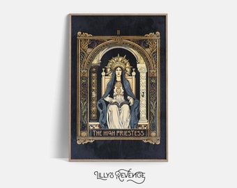 Könnte beinhalten: Eine Tarotkarten-Illustration, die die Hohepriesterin zeigt, eine Frau in einem blauen Gewand, die auf einem Thron mit einer Krone sitzt und ein Buch auf ihrem Schoß hält. Die Karte ist in Gold gerahmt und hat einen dunkelblauen Hintergrund.