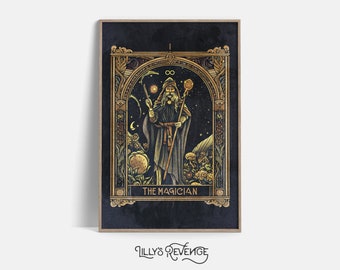 Könnte beinhalten: Eine Tarotkarten-Illustration des Magiers, die einen bärtigen Mann in einer Robe zeigt, der einen Stab und einen Zauberstab hält. Die Karte ist in einen goldenen, verzierten Rahmen mit schwarzem Hintergrund und dem Text "The Magician" am unteren Rand gefasst.