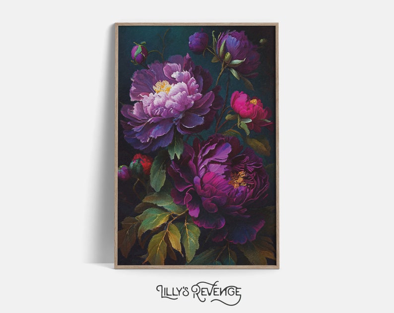 May include: A framed print of a floral arrangement featuring purple and pink peonies with green leaves on a dark teal background.