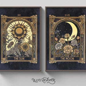Set of 2 Printable Tarot Card Sun and Moon Art Prints, Mystical Wall Art, Tarot Home Decor, Witchy Printable Wall Art | DIGITAL DOWNLOAD