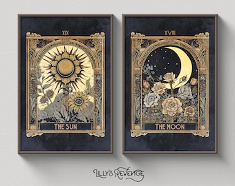 Set of 2 Printable Tarot Card Sun and Moon Art Prints, Mystical Wall Art, Tarot Home Decor, Witchy Printable Wall Art | DIGITAL DOWNLOAD