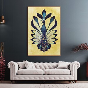 May include: A framed illustration of a peacock with blue and green feathers on a yellow background.
