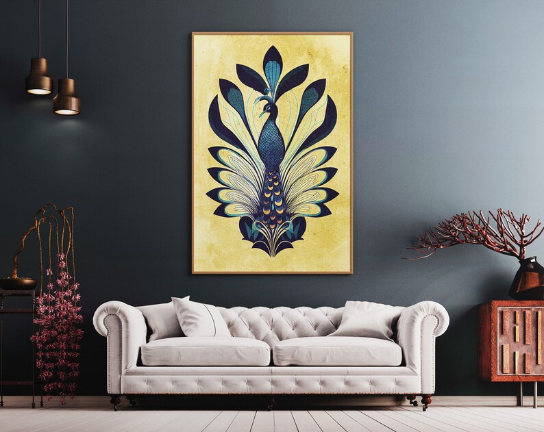 May include: A framed illustration of a peacock with blue and green feathers on a yellow background.