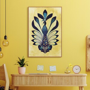 May include: A framed print of a peacock with blue and green feathers on a yellow background. The peacock is stylized and has a geometric design.