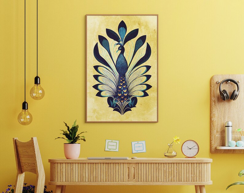 May include: A framed print of a peacock with blue and green feathers on a yellow background. The peacock is stylized and has a geometric design.