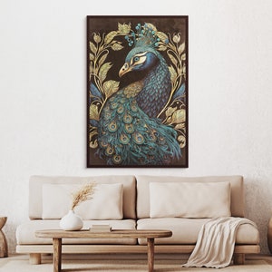 May include: A peacock with a crown of blue and gold flowers, surrounded by gold leaves, on a dark brown background.