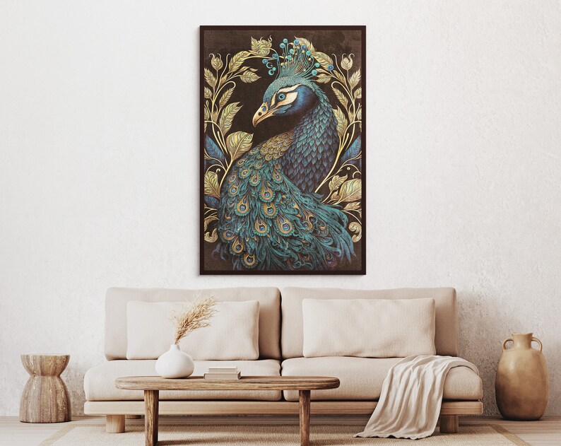 May include: A peacock with a crown of blue and gold flowers, surrounded by gold leaves, on a dark brown background.