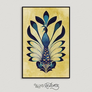 May include: A vintage-style illustration of a peacock with blue and teal feathers on a yellow background.