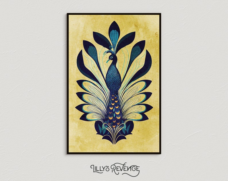 May include: A vintage-style illustration of a peacock with blue and teal feathers on a yellow background.