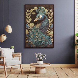 May include: A framed illustration of a peacock with blue and green feathers, gold accents, and a crown. The peacock is set against a dark background with gold leaf accents.