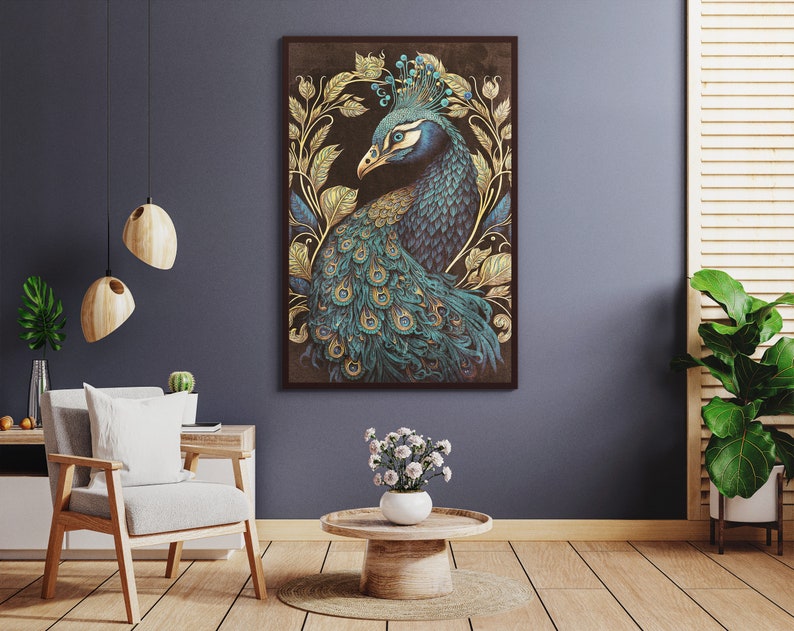 May include: A framed illustration of a peacock with blue and green feathers, gold accents, and a crown. The peacock is set against a dark background with gold leaf accents.