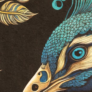 May include: Close-up of a peacock's head and neck, with detailed blue and gold feathers. The eye is a bright blue with a black pupil.